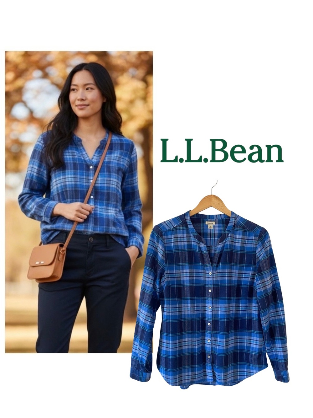 L.L. Bean Blue Flannel Collarless Band Neck Button Up Shirt Super Soft Top S
